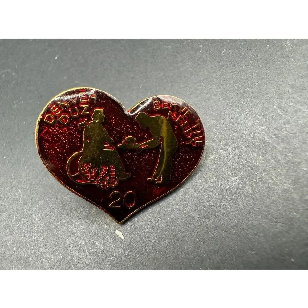 Denver Duz Serve The Needy Red Heart Gold Tone Enamel Lapel Pin Gold Tone
